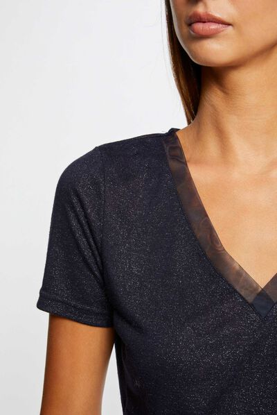 T-shirt met korte mouwen met lovertjes marine vrouw