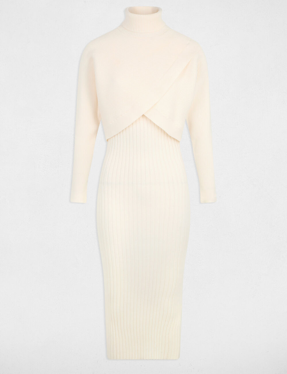 Robe tricot col roul&eacute; ivoire femme
