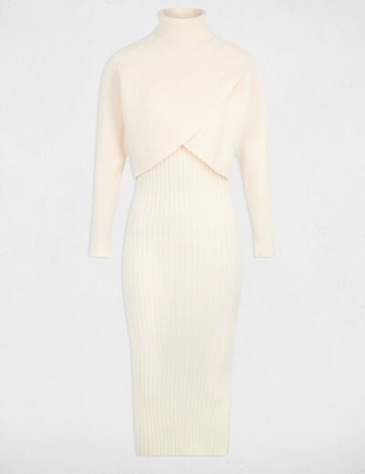 Robe tricot col roul&eacute; ivoire femme