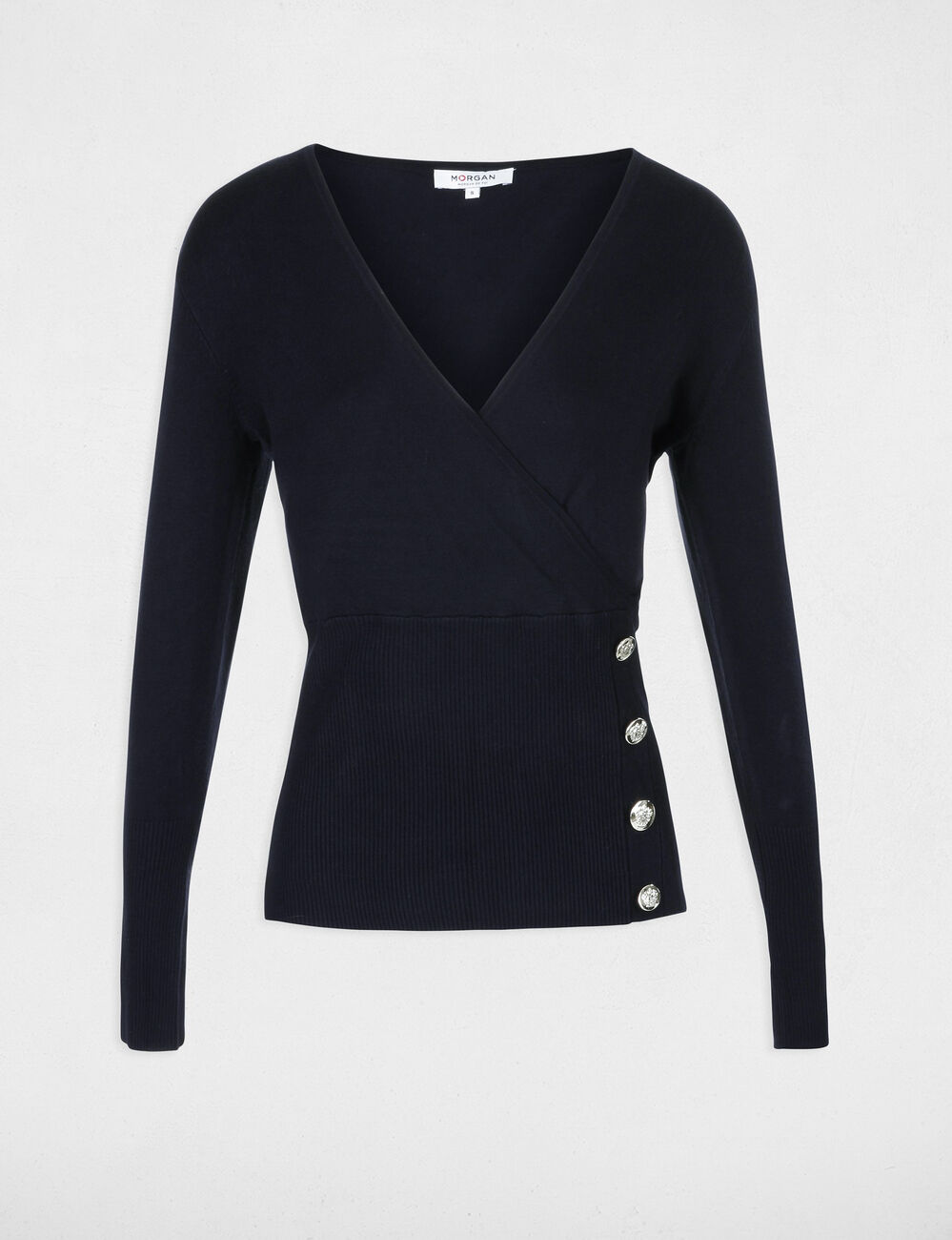 Trui met lange mouwen en gekruiste kraag marineblauw vrouw
