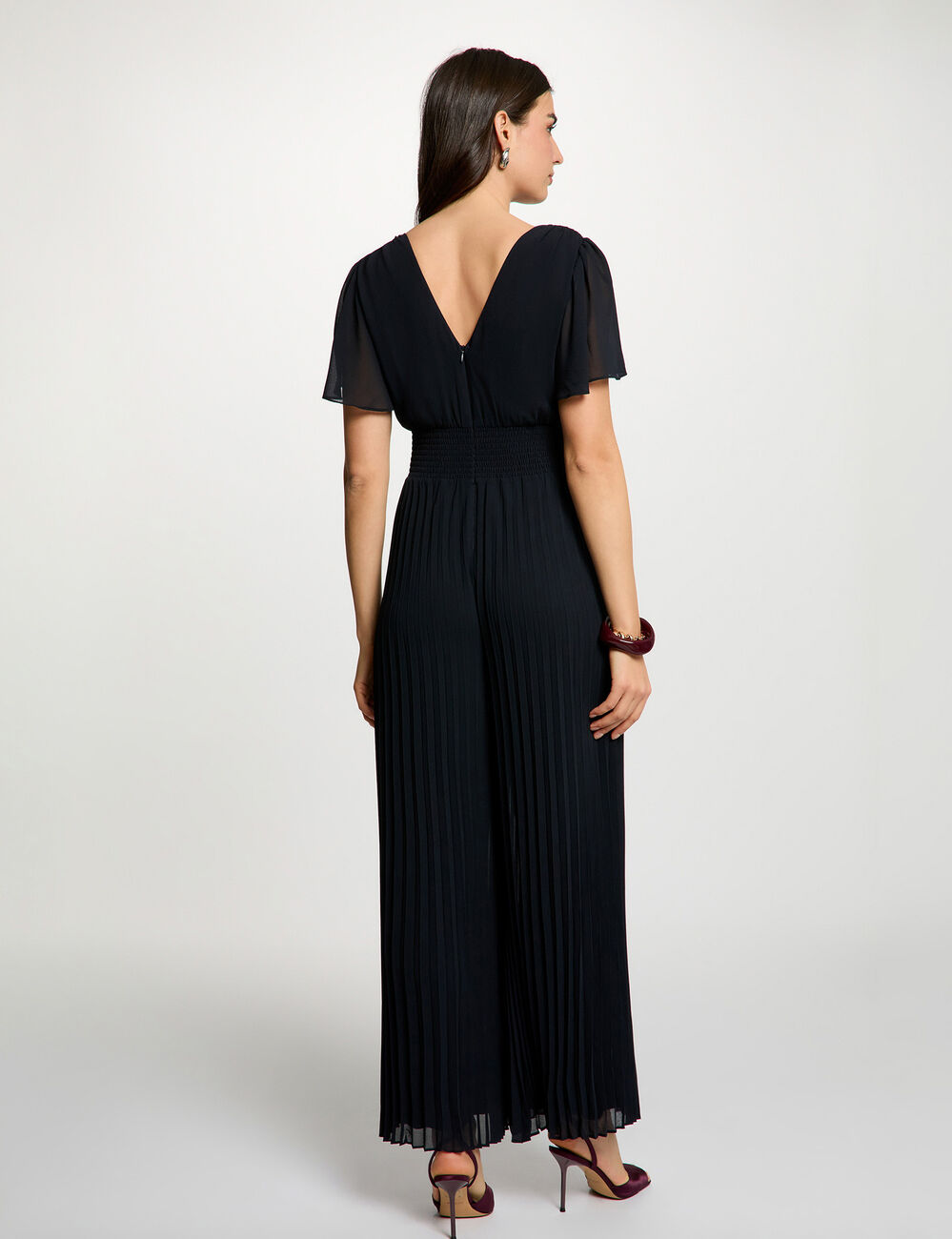 Combinaison pliss&eacute;e col v bleu marine femme