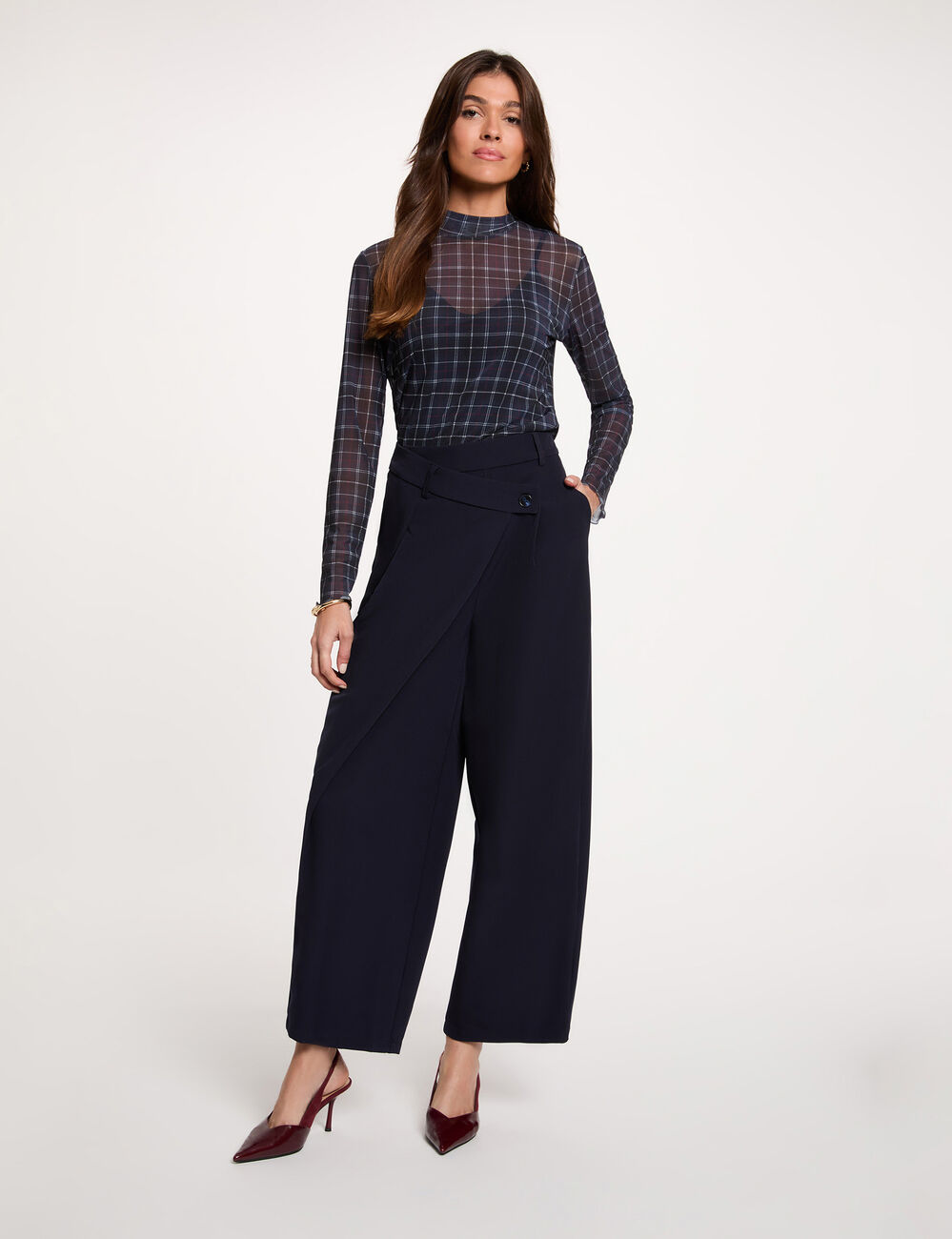 Hoge taille brede broek marineblauw vrouw