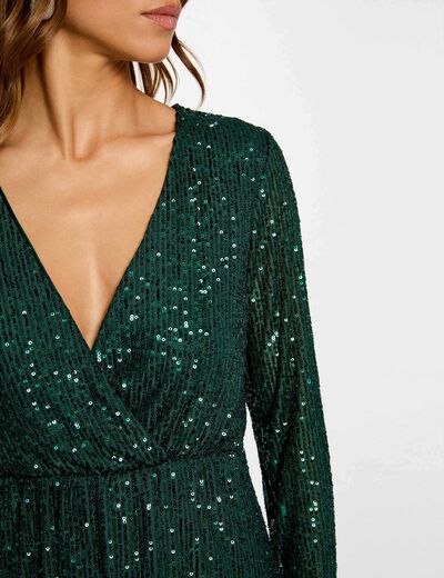 Robe courte ajustée sequins vert fonce femme