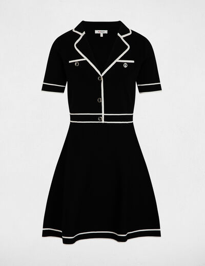 Robe tricot courte col &agrave; revers noir femme