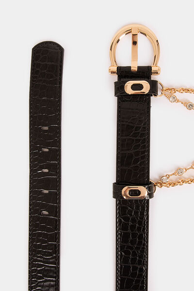 Ceinture aspect croco avec chaînes noir femme