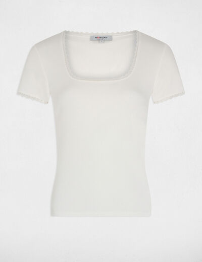 T-shirt manches courtes côtelé ivoire femme