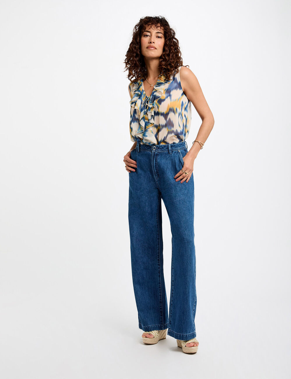 Jeans large taille haute denim stone femme