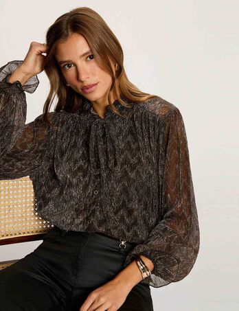 T-shirt met lavallièrekraag goudgeel vrouw