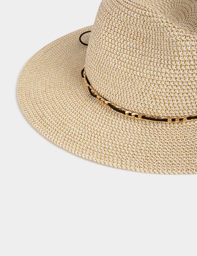 Chapeau tressé détail chaîne beige femme