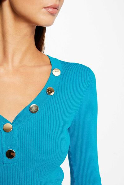 Pull manches longues boutons bleu femme