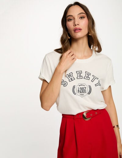 Kort bedrukt T-shirt helder wit vrouw