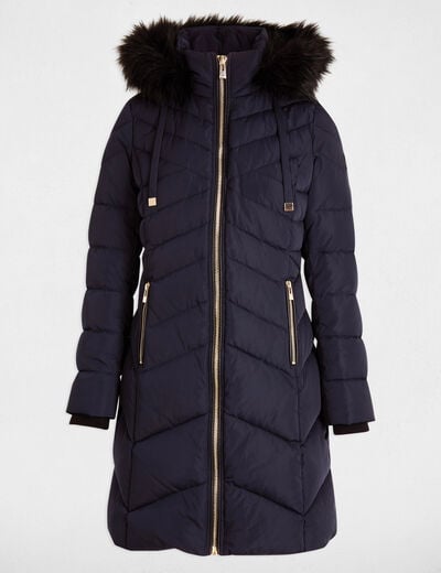 Lange donsjas met capuchon marineblauw vrouw