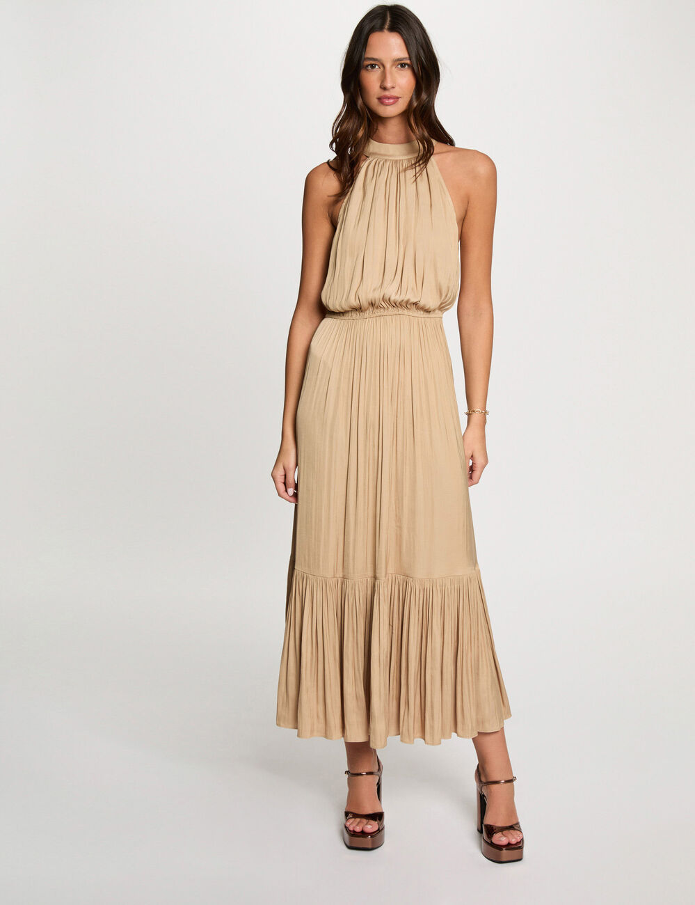Lange jurk met opstaande kraag beige vrouw