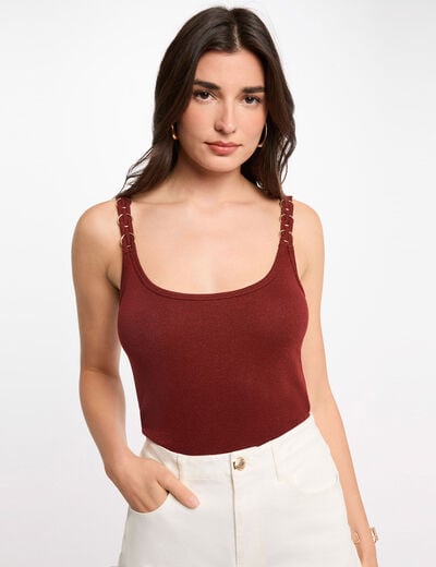 T-shirt cintr&eacute; col rond marron cognac femme