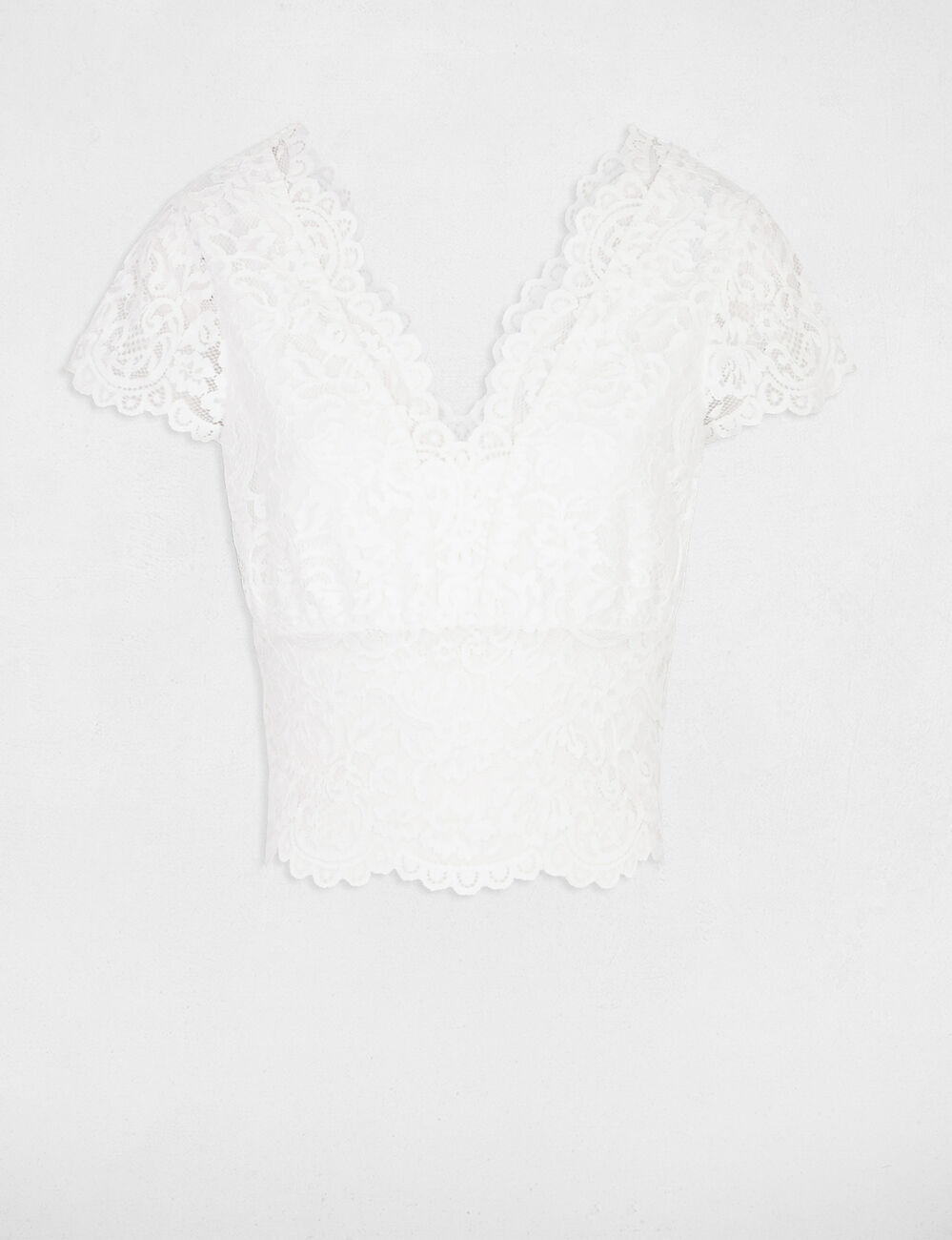 Kanten T-shirt met V-hals ivoor vrouw