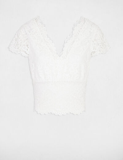 Kanten T-shirt met V-hals ivoor vrouw
