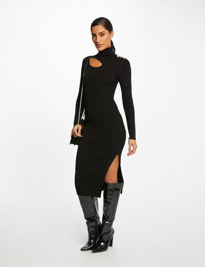Robe pull longue ajustée fendue noir femme