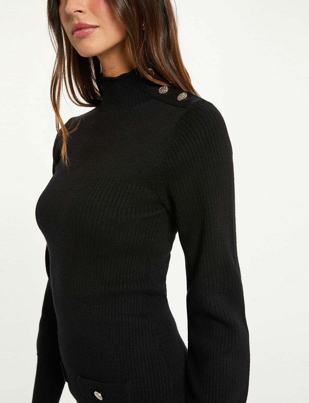 Korte gebreide jurk met col. zwart vrouw