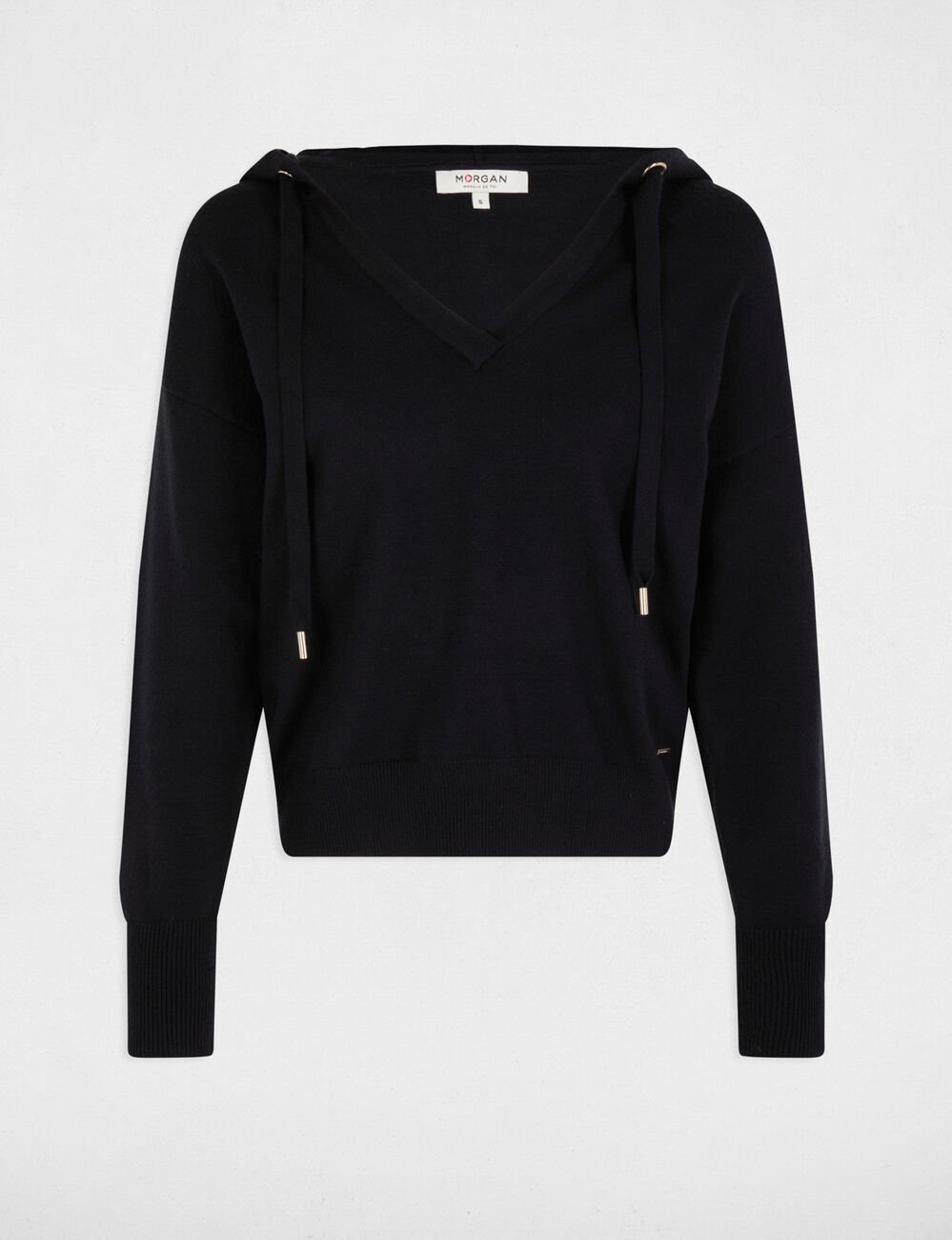 Pull col en V à capuche bleu marine femme