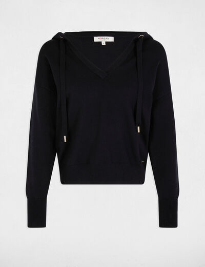 V-hals capuchontrui marineblauw vrouw