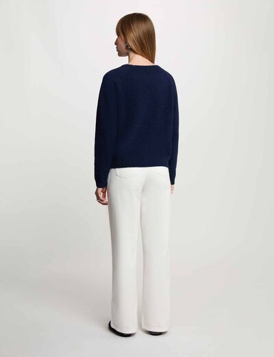 Pull brod&eacute; manches longues bleu marine femme