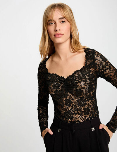 Kant T-shirt met hartvormige hals zwart vrouw