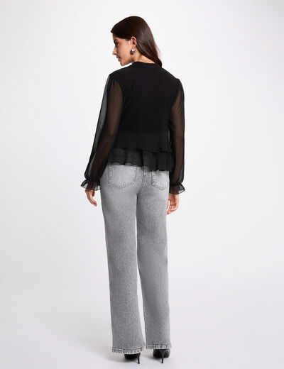 T-shirt col v volants noir femme