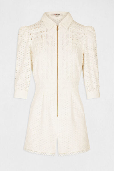 Rechte jumpsuit met Engels borduursel ecru vrouw