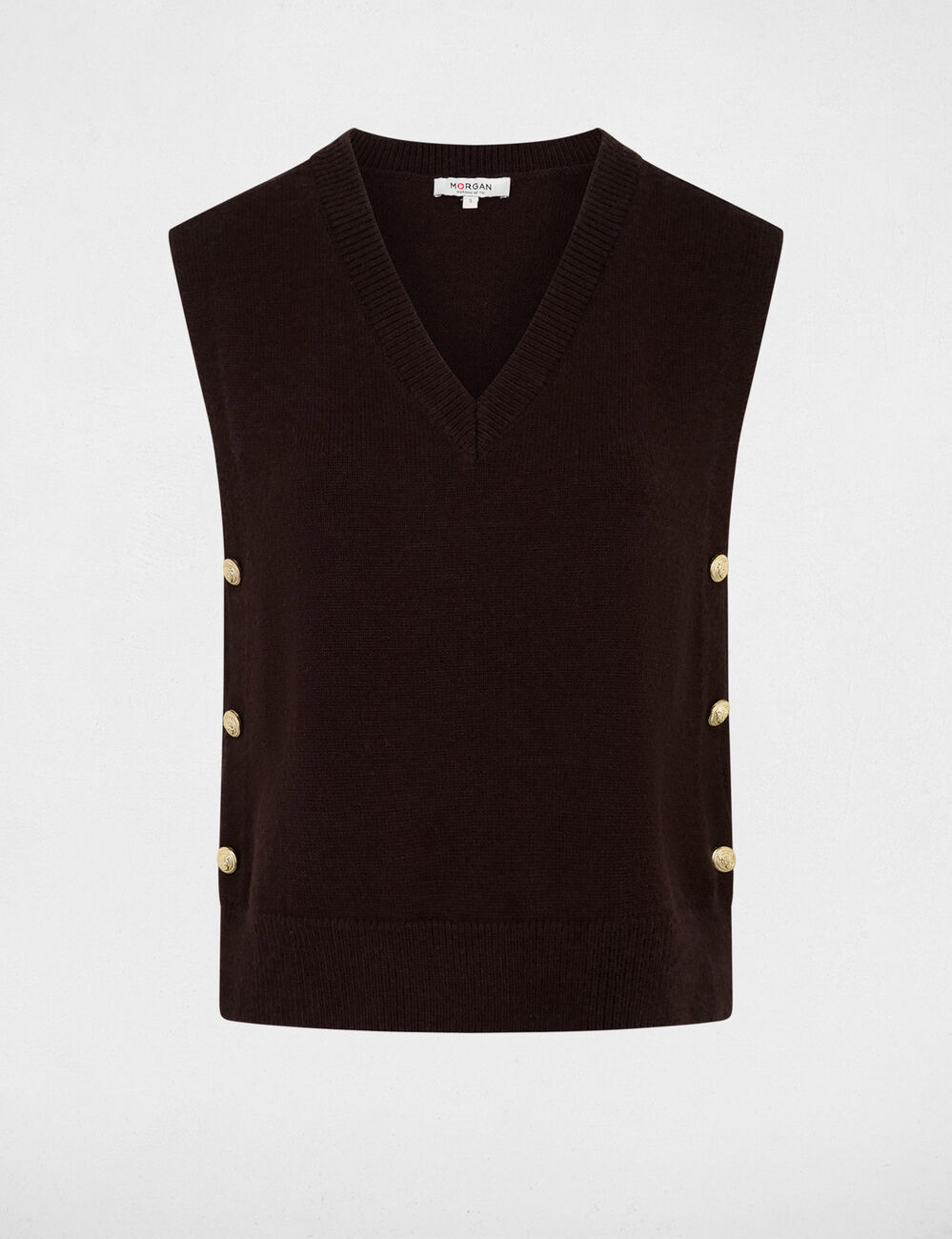 Pull sans manches col v marron fonc&eacute; femme