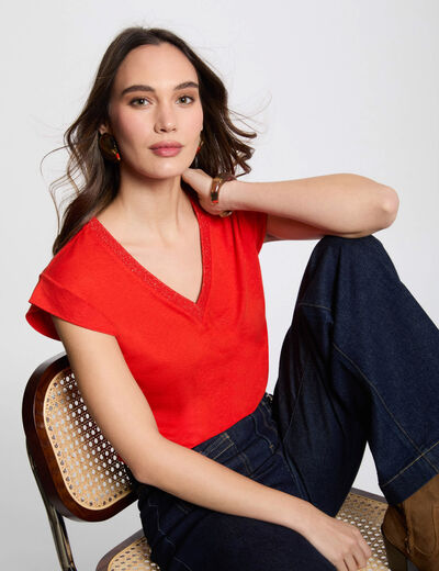 T-shirt met V-hals en korte mouwen oranje vrouw