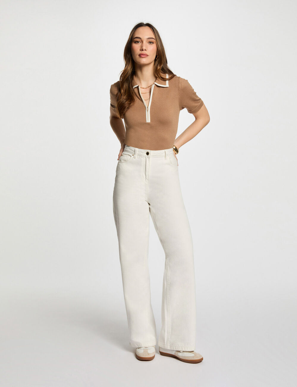 Pull col polo zippé sable femme