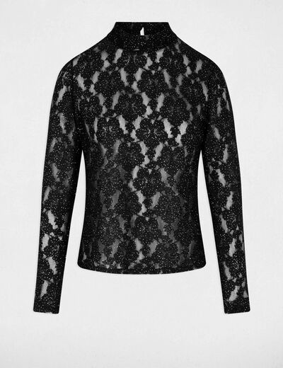 T-shirt dentelle ajour&eacute; noir femme