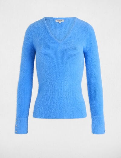 Pull manches longues maille duveteuse bleu femme