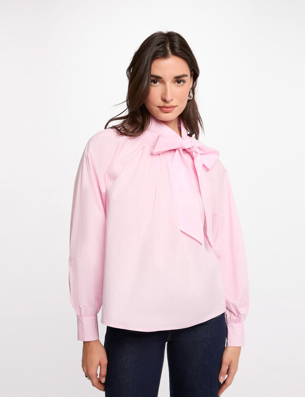 Blouse col lavalli&egrave;re rose femme