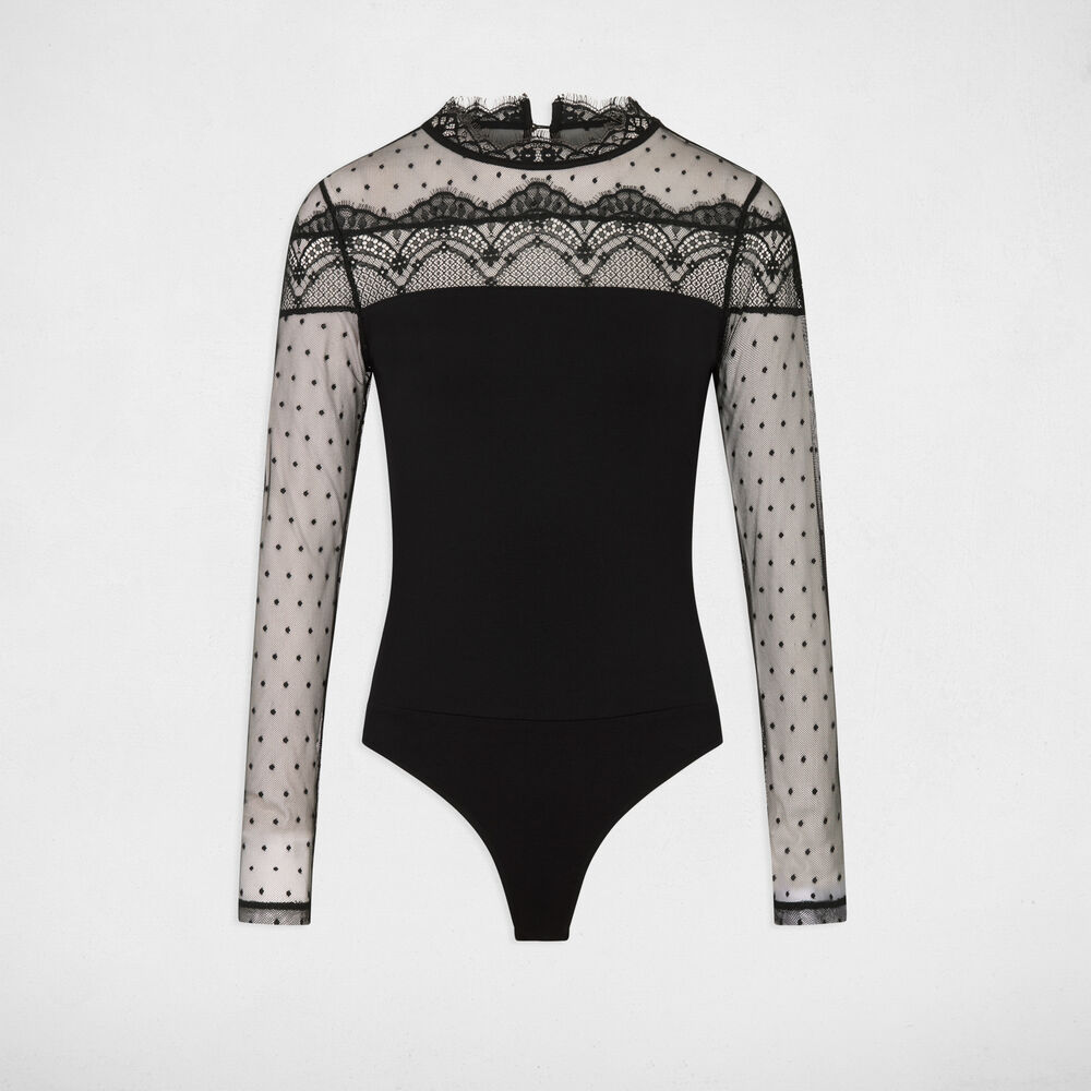 Body met lange mouwen van kant zwart vrouw
