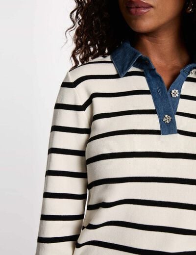 Pull ray&eacute; col &agrave; revers ivoire femme