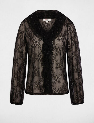 Kant T-shirt met V-hals zwart vrouw