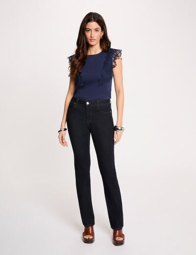 High-waist rechte broek ruw denim vrouw