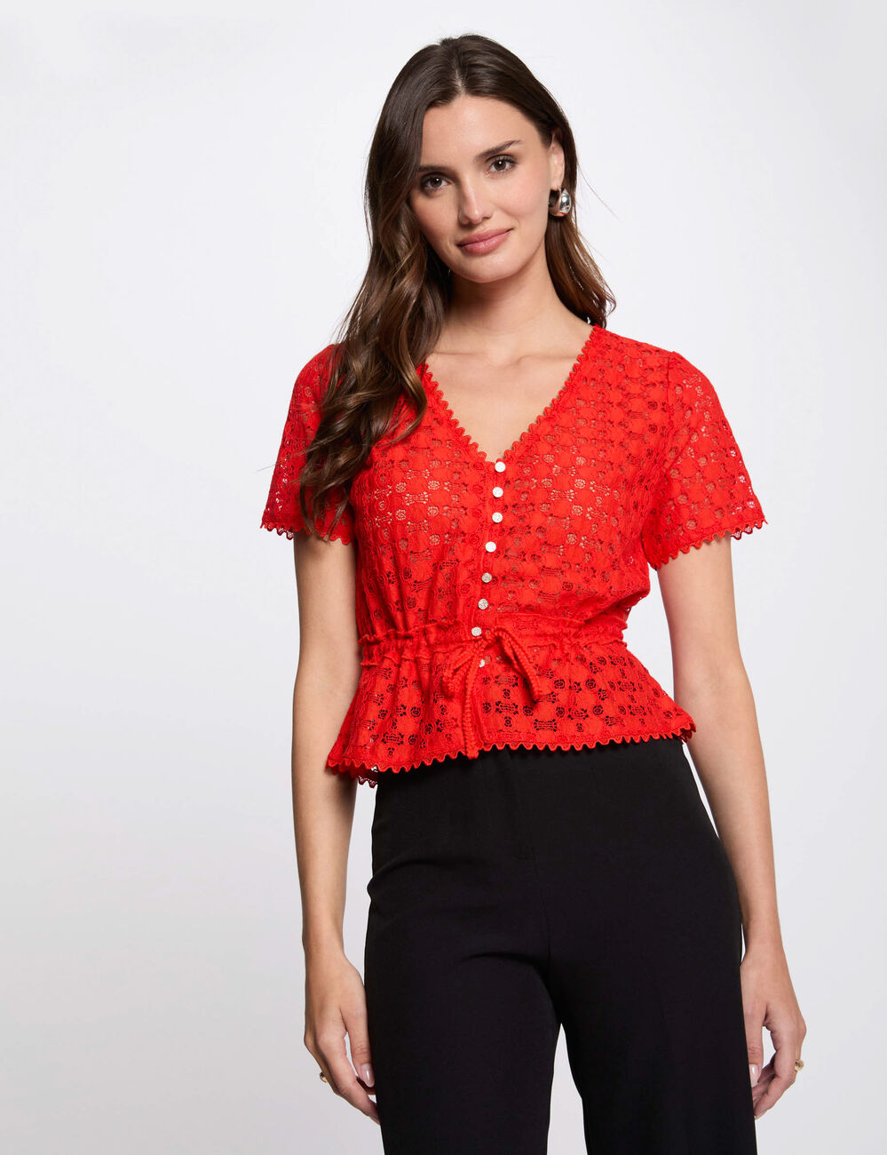 T-shirt korte mouwen van kant oranje vrouw