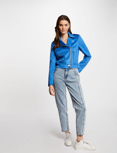 Blouson court zippé suédine bleu femme
