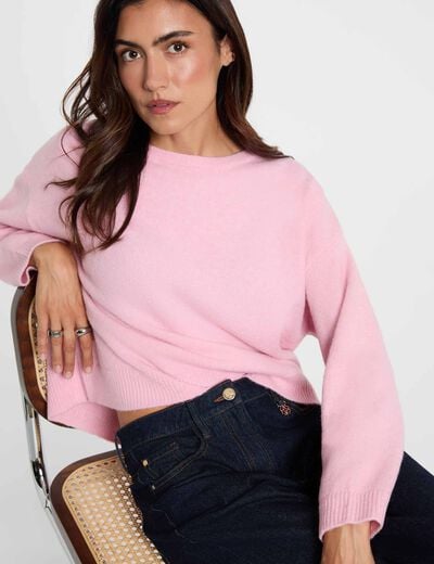 Pull col rond rose pastel femme