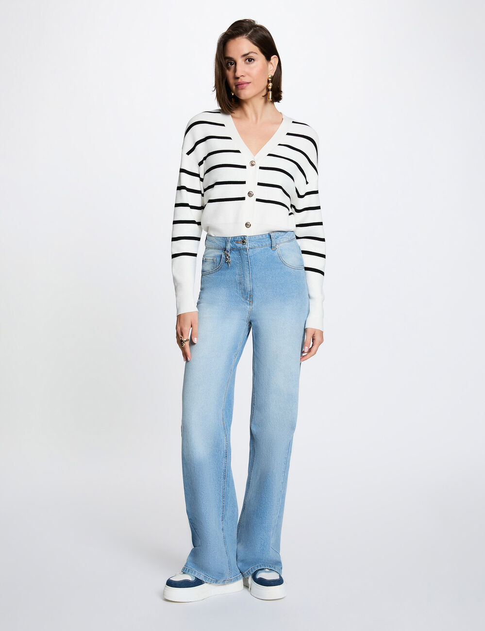Pull ray&eacute; col v blanc femme