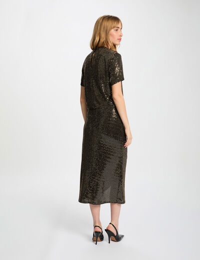 T-shirt sequins col montant jaune or femme