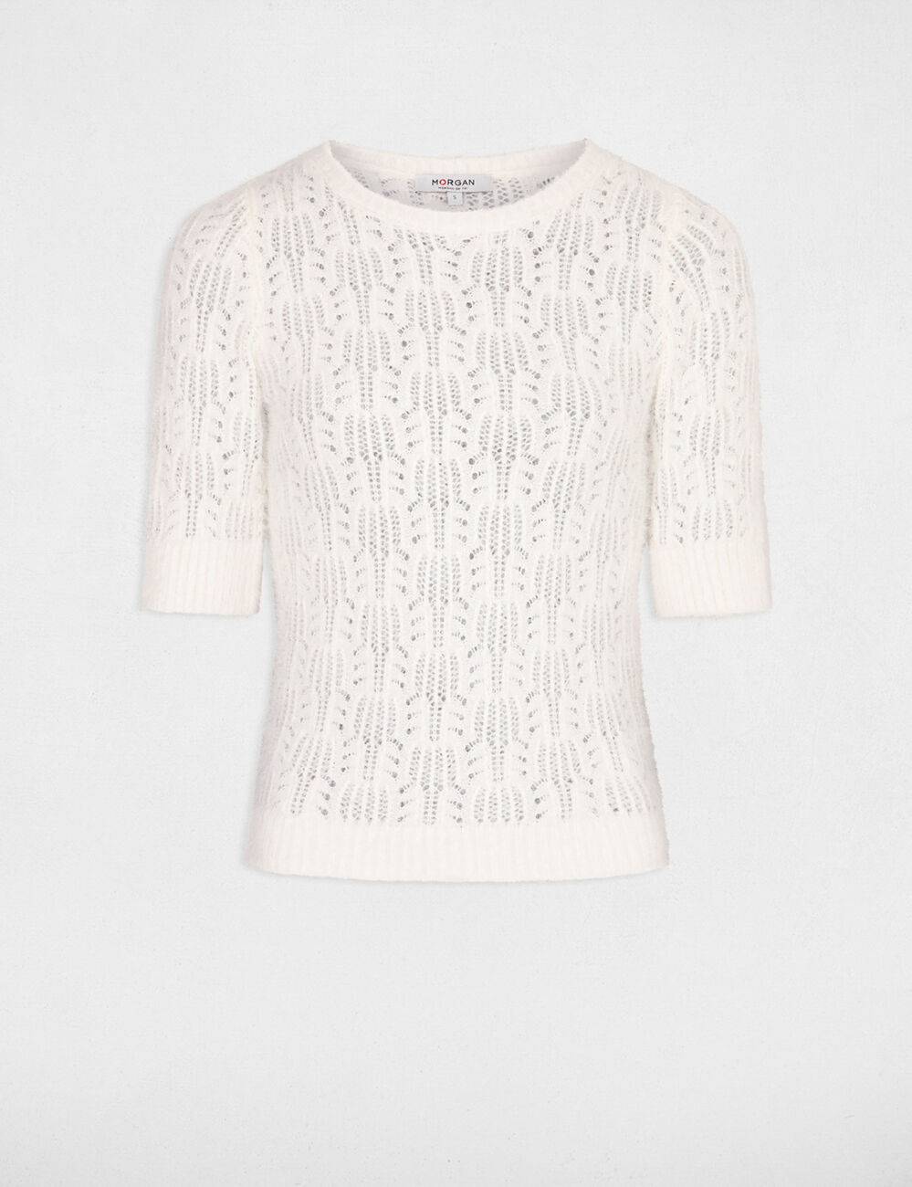 Pull manches courtes ajouré ivoire femme