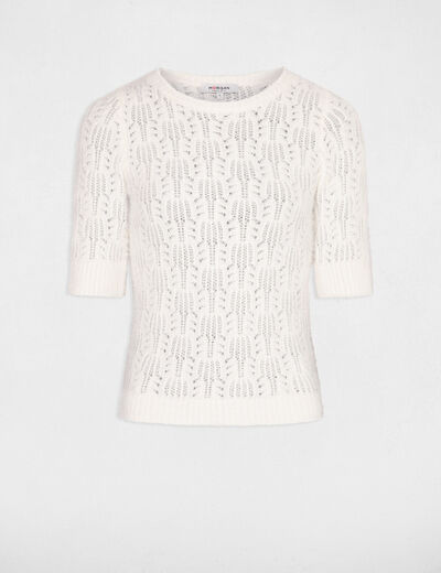 Pull manches courtes ajouré ivoire femme