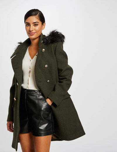 Manteau ample boutonné à capuche olive femme