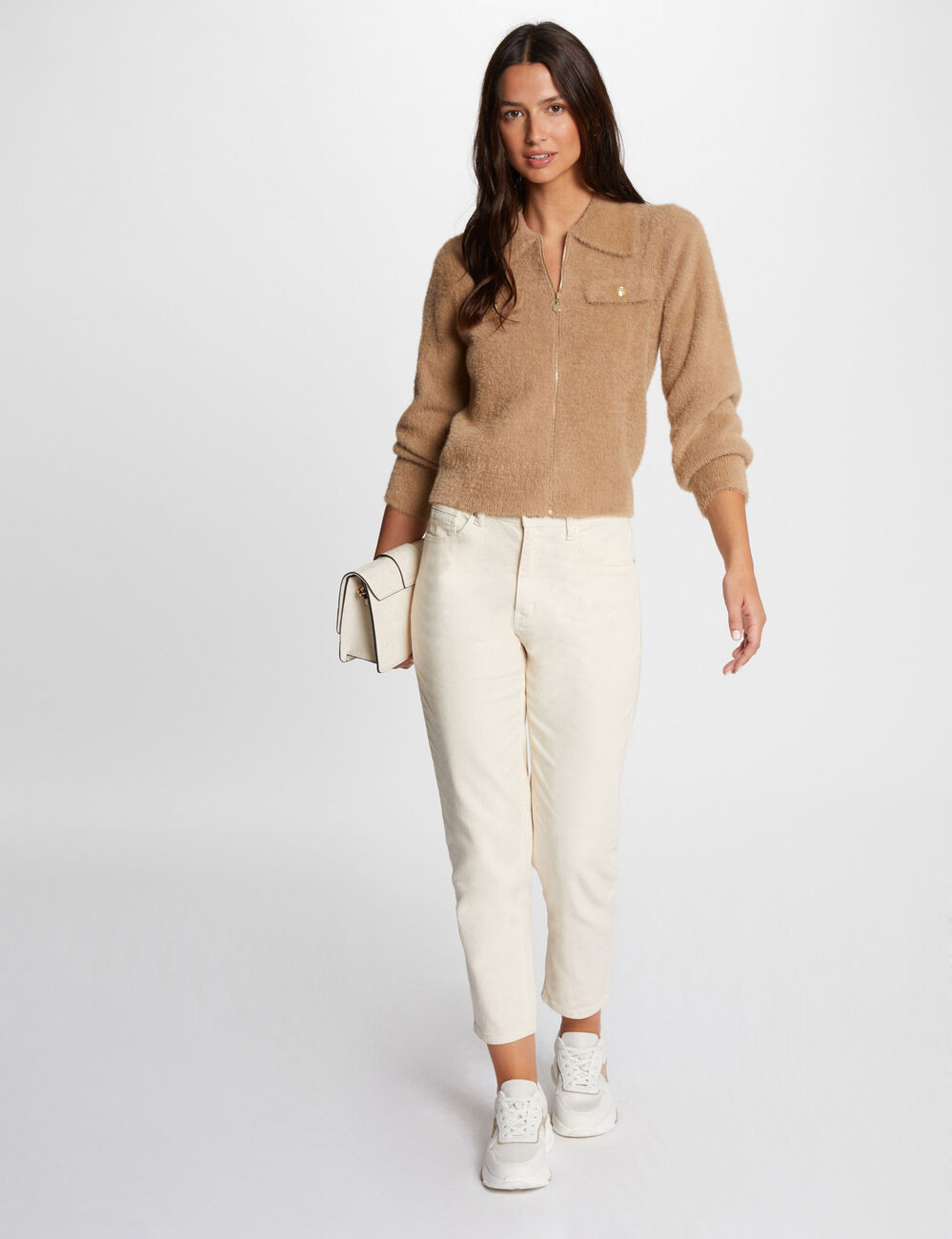 Vest met lange mouwen en reverskraag camel vrouw