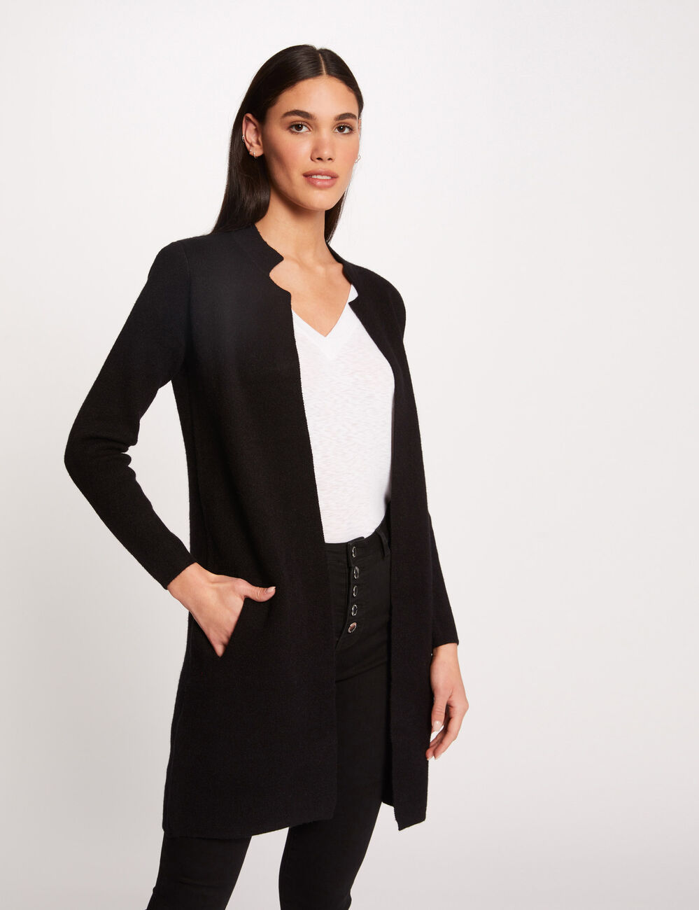 Gilet droit &agrave; col crant&eacute; gris fonc&eacute; femme