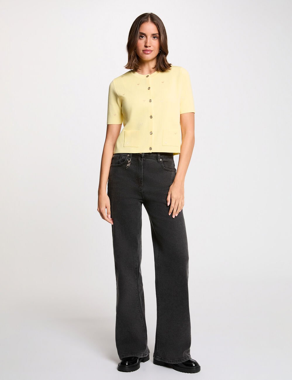 Gilet court col rond jaune pastel femme