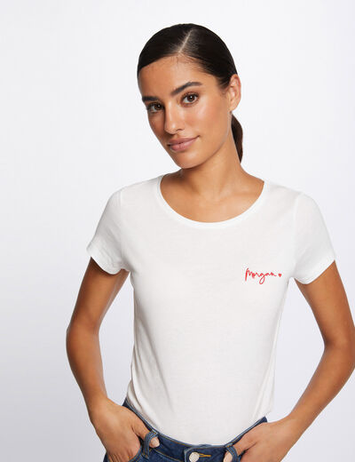 T-shirt met korte mouwen en borduursel ecru vrouw
